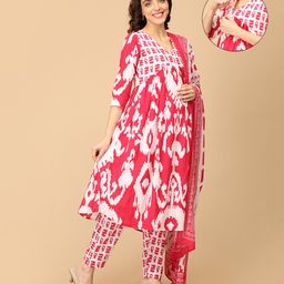 The Mom Store Cotton Knit Three Fourth Sleeves Ethnic Motif Printed Maternity & Nursing Kurta Pant With Dupatta Set - Multi Colour-image-31