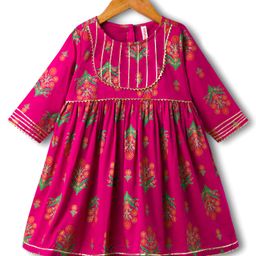 Babyhug Cotton Woven Three Fourth Sleeves Ethnic Dress with Floral Print - Dark Pink-picture-0