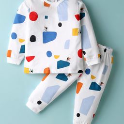 Ollypop Sinker Knit Full Sleeves Co-Ord Night Suit With Abstract Print - White-image-9