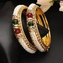 ANIKAS CREATION Set Of 2 Gold-Plated Stone Studded & Pearls Beaded Bangles-picture-22