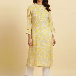 W Floral Printed Mandarin Collar Sequinned Straight Kurta-image-29