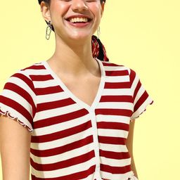 SASSAFRAS Women Gorgeous Red Horizontal Stripes Top-picture-43