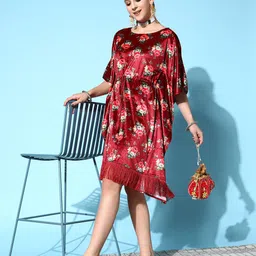 Shae by SASSAFRAS Maroon & Olive Green Floral Print Velvet Ethnic Kaftan Dress-4