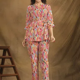 all about you Floral Printed V-Neck Tunic With Trousers-image-52