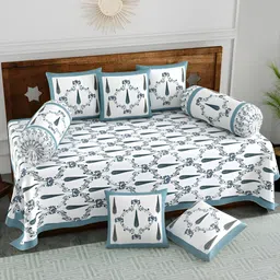 BLOCKS OF INDIA 8Pcs Grey & White Printed Pure Cotton Diwan Set-24