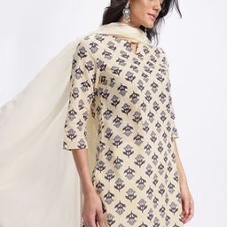HERE&NOW Ethnic Motifs Printed Pure Cotton Straight Kurta with Trousers & Dupatta-57