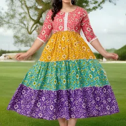 Henal Floral Printed Round Neck Tierd Pure Cotton Anarkali Maternity Kurta-40