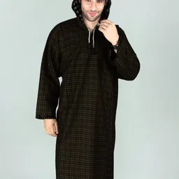Exotic India Men Checked Hodded Woollen Phiran-image-85