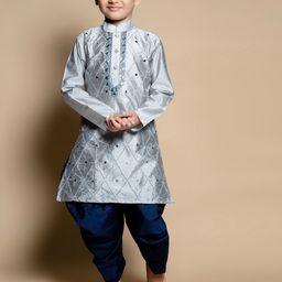 NFC CREATION Boys Ethnic Motifs Embroidered Regular Mirror Work Dupion Silk Kurta with Patiala image 1