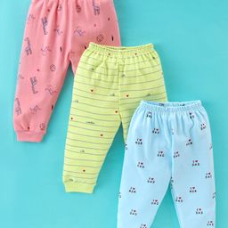Mini Donuts Cotton Full Length Lounge Pants Stripes & Giraffe Print Pack Of 3 - Pink Green & Blue-image-95