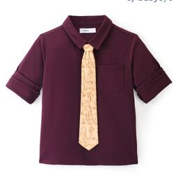 Babyoye Solid Dyed Full Sleeves Party Shirt with Tie - Maroon-image-1