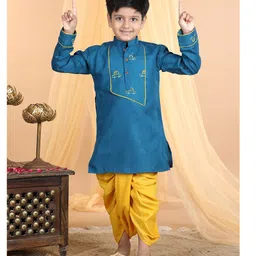 Kinder Kids Full Sleeves Placement Cars Motif Embroidered Kurta With Dhoti - Blue & Yellow-picture-32