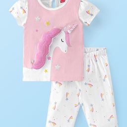 Babyhug Cotton Knit Single Jersey Half Sleeves Capri Night Suit With Unicorn Applique - Pink-image-41