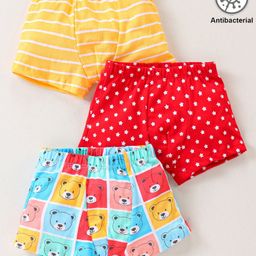 Babyhug 100% Cotton Knit Antibacterial Trunks Teddy Print Pack of 3 - Yellow Red & Blue-image-55