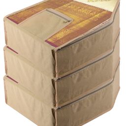 Kuber Industries Blouse Cover  Clothes Storage Bag  Zipper Wardrobe Organizers  Clothes Organiser with Attached Pocket  Non-Woven Front Transparent Blouse Cover  Pack of 3  Brown-16