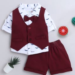 BUMZEE Full Sleeves Solid & Moustache Printed 3 Piece Shirt With Shorts - Maroon & White-image-32