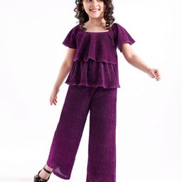 Hola Bonita Layered Sleeves Glittered Pleated  Top & Pant Set - Purple-image-75