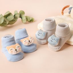 Kicks & Crawl Cotton Pack Of 2 Animal Applique Detailed Crawler Socks - Blue & Grey-image-25