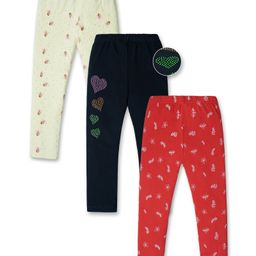 Nino Togs Pack Of 3 Cotton Lycra Ice Cream & Floral  Printed Full Length Stretchable Leggings - Multi Colour-image-98
