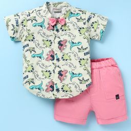 Dapper Dudes Half Sleeves Dinosaur Printed Shirt With Bow & Shorts - Lemon Yellow-image-37