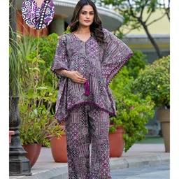 Aujjessa Cotton Batwing Sleeves Ethnic Printed & Lace Embellished Maternity Feeding Night Suit with Concealed Zipper Nursing Access  Purple-picture-19