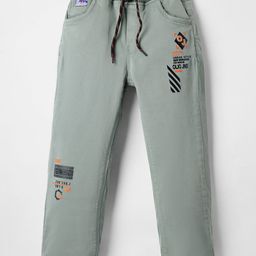 Olio Kids Cotton Woven Full LengthTrouser with Sport Theme Print - Olive Green-image-98