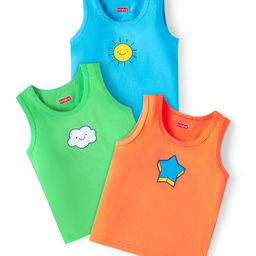 Babyhug 100% Cotton Knit Sleeveless Sandos With Cloud & Star Print Pack of 3 - Blue Red & White-image-28