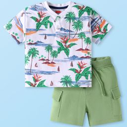 Babyhug Single Jersey Knit Half Sleeves Henley Neck T-Shirt & Shorts Set with Beach Theme Print - Olive Green & White-image-10