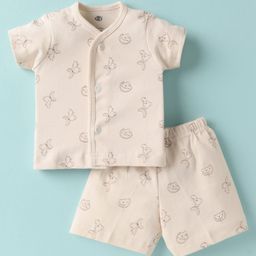 Zero Sinker Knit Half Sleeves Shorts Co-Ord Night Suit With Teddy Bear Print - Cream-image-83