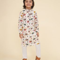 LIL PITAARA Pure Cotton Full Sleeves Elephants Printed Kurta & Pyjama Set - Cream-image-66