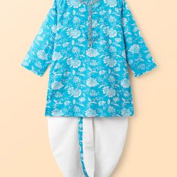 Babyhug Cotton Woven Full Sleeves Kurta & Dhoti Set with Floral Print - Light Blue & White-picture-39
