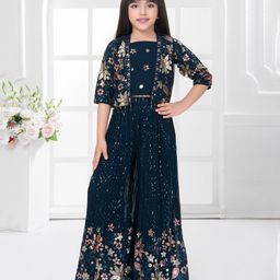 Tiny Kingdom Georgette Woven Three Fourth Sleeves Sequins Embellished Floral Designed Top & Palazzo With Jacket - Blue-image-118