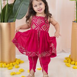 Titrit Georgette Woven Sleeveless Mirror Work Detailed Sequins Embellished Kurti & Dhoti Set - Pink-image-3