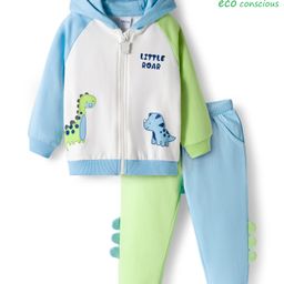 Babyoye 100% Cotton Knit Full Raglan Sleeves Hooded Colour Blocked Winter Wear Suits With Dino Print - White Light Blue & Light Green-picture-32
