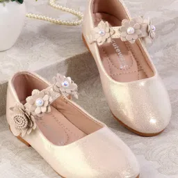 Cute Walk by Babyhug Velcro Closure Shimmery Ballerina with Floral Applique - Beige-picture-16