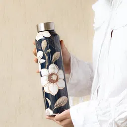 Ritualistic Navy Blue & White Stainless Steel Printed Water Bottle - 1L image 2