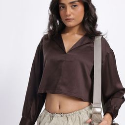 glitchez Satin Finish Crinkled Crop Shirt Style Top-image-85