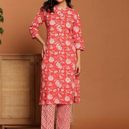 Ragavi Women Floral Printed Regular Pure Cotton Kurta with Trousers-picture-49