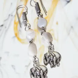 Shrim jewels Brass-Plated Mother Of Pearls Beaded Elephant Shaped Oxidised Drop Earrings-picture-28