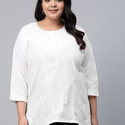 ADA Women Plus Size White Chikankari Embroidered Pure Cotton Handloom Kurti-image-33