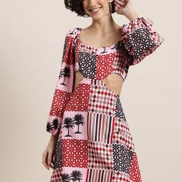 HERE&NOW Printed Puff Sleeves Cut-Outs Detailed A-Line Dress-image-42