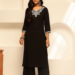 Vbuyz Floral Yoke Design Notch Neck Thread Work Straight Kurta-22