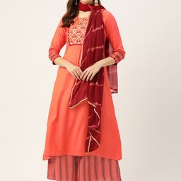 VAABA Women Coral Embroidered Gotta Patti Kurta with Palazzos & With Dupatta-28