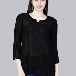 NAZAQAT ETHNIC INDIA Ethnic Motifs Chikankari Embroidered Notch Neck Georgette Kurti-image-72