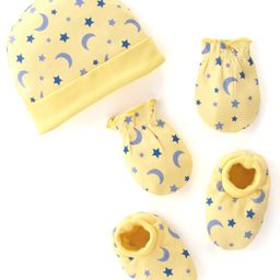 Babyhug 100% Cotton Cap Mittens & Booties Moon & Stars Print Yellow- Diameter 10 cm-2