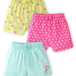 Babyhug Cotton Single Jersey Shorts With Flamingo & Heart Print Pack Of 3 - Pink Green & Blue-image-83