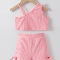Kookie Kids One Shoulder Sleeves Solid Color Top & Shorts Set - Peach-image-46