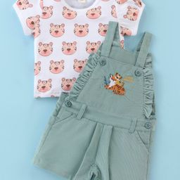 Toffyhouse Cotton Half Sleeves T-Shirt & Dungaree Set Tiger Print - White & Green-picture-47