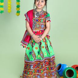 Banjara India Half Sleeves Kutch Work Embroidered Lehenga Choli & Dupatta Set - Green-image-2