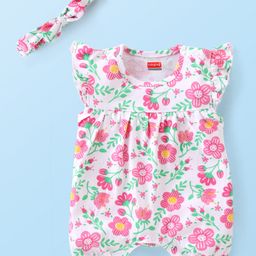 Babyhug 100% Cotton Knit Frill Sleeves Floral Printed Romper with Headband - White-image-32